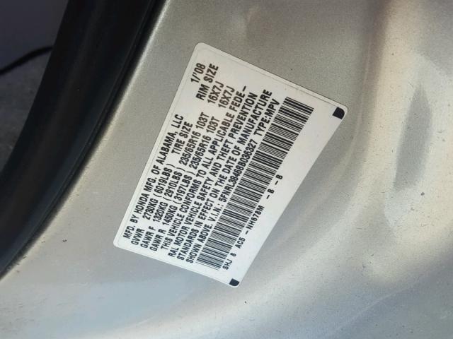 5FNRL38468B036327 - 2008 HONDA ODYSSEY EX SILVER photo 10