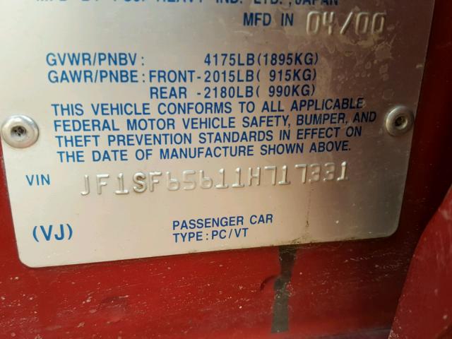 JF1SF65611H717331 - 2001 SUBARU FORESTER S Կարմիր լուսանկար 10