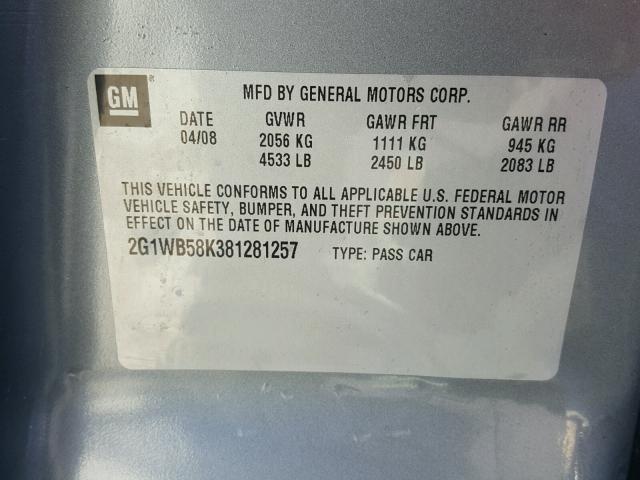 2G1WB58K381281257 - 2008 CHEVROLET IMPALA LS GRAY photo 10