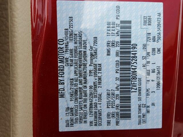 1ZVFT80N475284190 - 2007 FORD MUSTANG RED photo 10