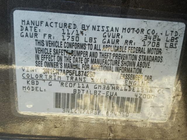 3N1CN7AP5FL874250 - 2015 NISSAN VERSA S GRAY photo 10