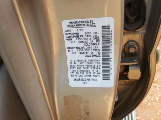 JN8DR07X21W513912 - 2001 NISSAN PATHFINDER GOLD photo 10