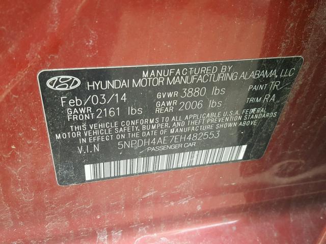 5NPDH4AE7EH482553 - 2014 HYUNDAI ELANTRA SE BURGUNDY photo 10