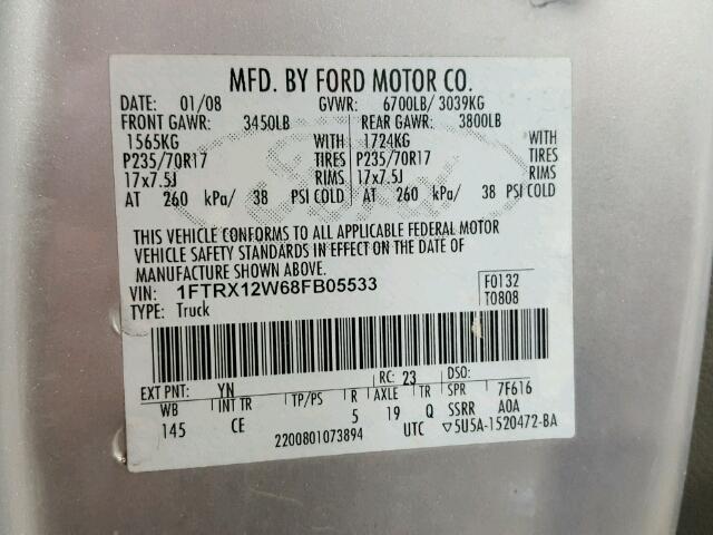 1FTRX12W68FB05533 - 2008 FORD F150 SILVER photo 10