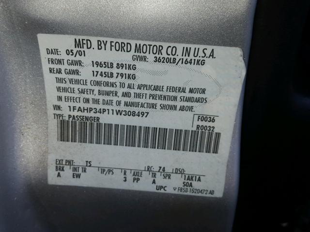 1FAHP34P11W308497 - 2001 FORD FOCUS SE SILVER photo 10