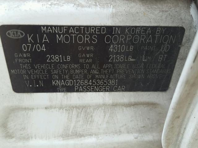 KNAGD126845365381 - 2004 KIA OPTIMA LX WHITE photo 10