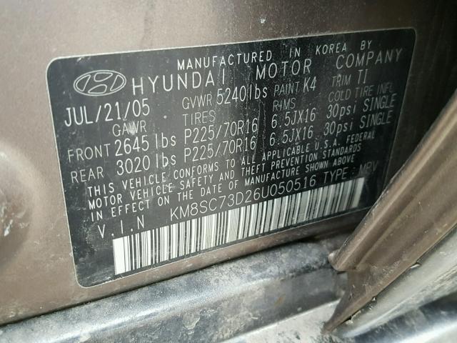 KM8SC73D26U050516 - 2006 HYUNDAI SANTA FE G BROWN photo 10