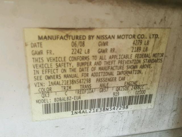 1N4AL21E38N547298 - 2008 NISSAN ALTIMA 2.5 WHITE photo 10