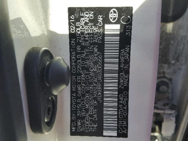 JTDKBRFU4G3006667 - 2016 TOYOTA PRIUS WHITE photo 10