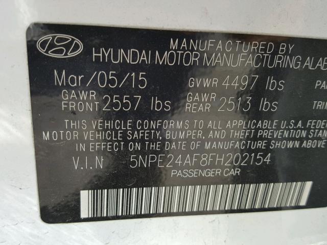 5NPE24AF8FH202154 - 2015 HYUNDAI SONATA SE WHITE photo 10