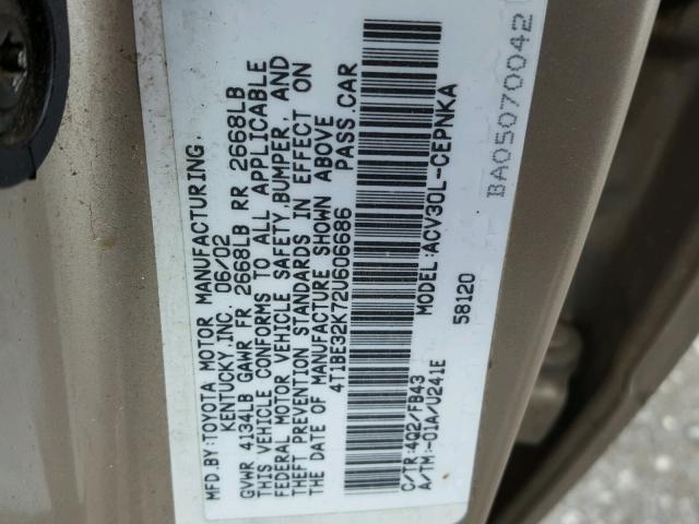 4T1BE32K72U606686 - 2002 TOYOTA CAMRY LE TAN photo 10