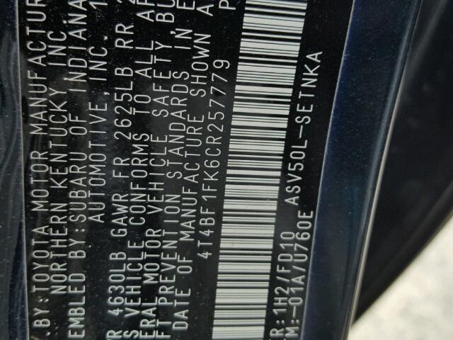 4T4BF1FK6CR257779 - 2012 TOYOTA CAMRY BASE BLACK photo 10