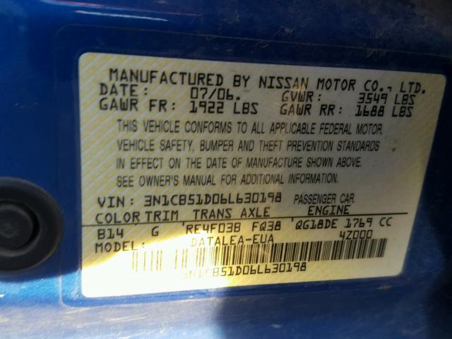 3N1CB51D06L630198 - 2006 NISSAN SENTRA 1.8 BLUE photo 10