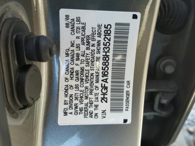 2HGFA16588H352185 - 2008 HONDA CIVIC LX GRAY photo 10