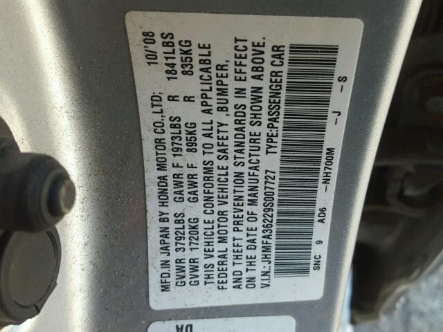 JHMFA36229S007727 - 2009 HONDA CIVIC HYBR SILVER photo 10