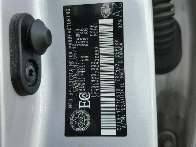 2T1BU4EE2AC430693 - 2010 TOYOTA COROLLA BA SILVER photo 10