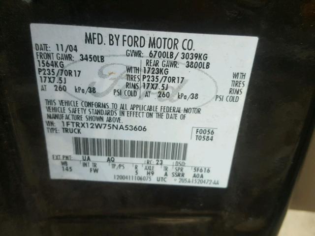 1FTRX12W75NA53606 - 2005 FORD F150 BLACK photo 10