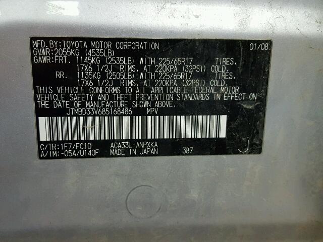 JTMBD33V685168486 - 2008 TOYOTA RAV4 SILVER photo 10