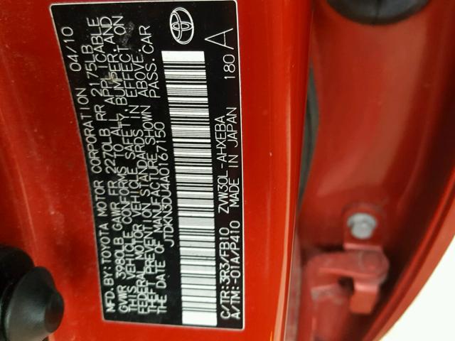 JTDKN3DU4A0167150 - 2010 TOYOTA PRIUS RED photo 10