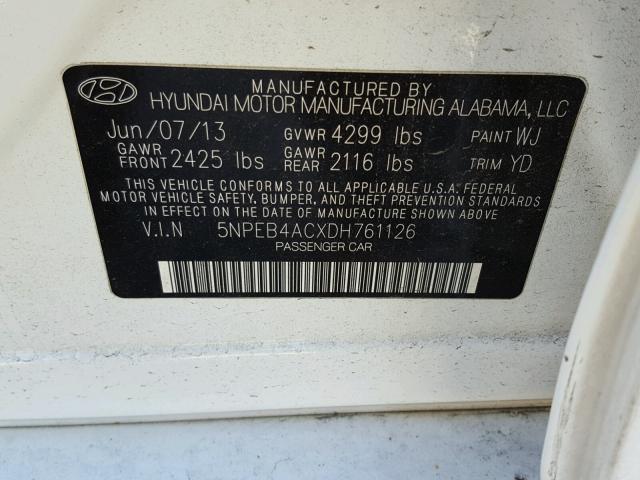 5NPEB4ACXDH761126 - 2013 HYUNDAI SONATA GLS WHITE photo 10