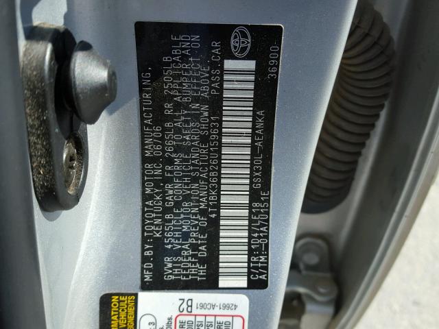 4T1BK36B26U159631 - 2006 TOYOTA AVALON XL SILVER photo 10