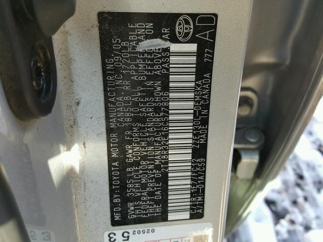 2T1BR32E16C577806 - 2006 TOYOTA COROLLA CE SILVER photo 10