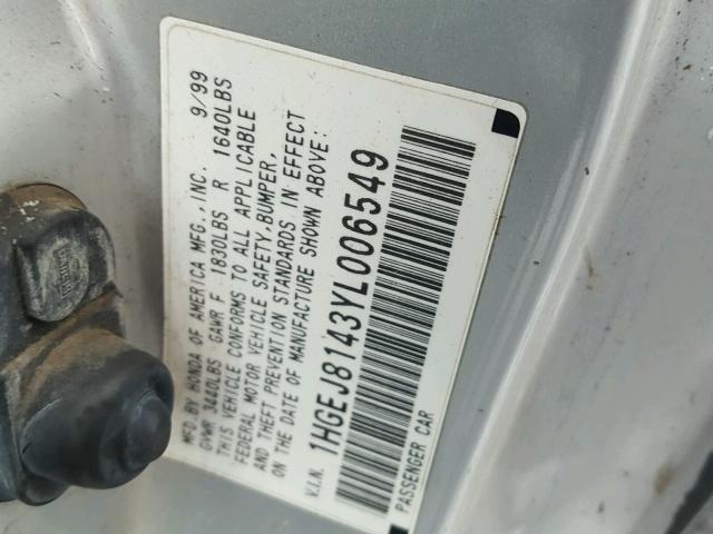 1HGEJ8143YL006549 - 2000 HONDA CIVIC EX SILVER photo 10