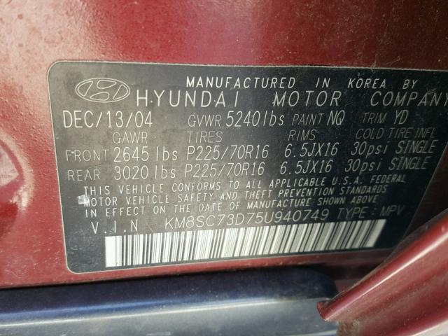 KM8SC73D75U940749 - 2005 HYUNDAI SANTA FE G RED photo 10