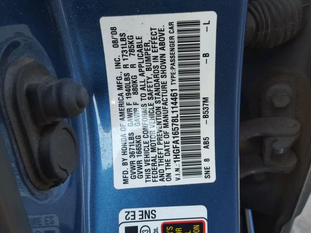 1HGFA16578L114461 - 2008 HONDA CIVIC LX BLUE photo 10