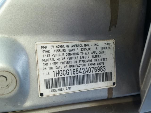 1HGCG16542A076983 - 2002 HONDA ACCORD EX SILVER photo 10