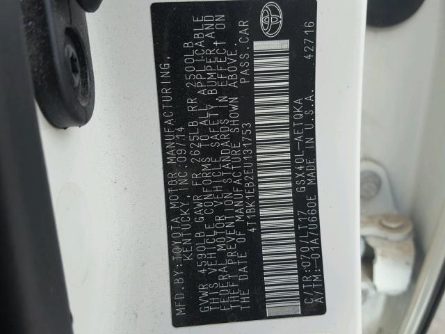 4T1BK1EB2EU131753 - 2014 TOYOTA AVALON BAS WHITE photo 10