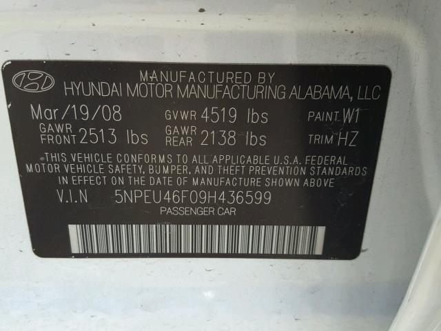 5NPEU46F09H436599 - 2009 HYUNDAI SONATA SE WHITE photo 10