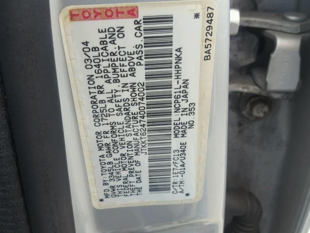 JTKKT624740074002 - 2004 TOYOTA SCION XA SILVER photo 10
