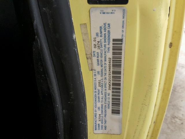 3VWCK21C91M465402 - 2001 VOLKSWAGEN NEW BEETLE YELLOW photo 10