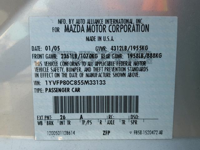 1YVFP80C855M33133 - 2005 MAZDA 6 I SILVER photo 10