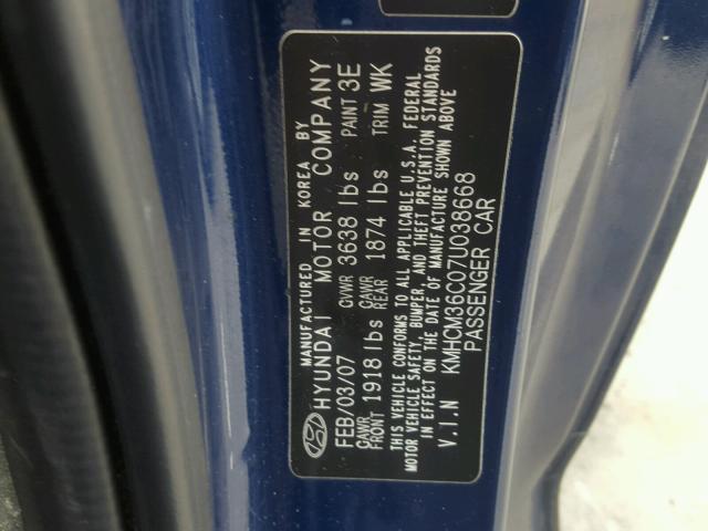 KMHCM36C07U038668 - 2007 HYUNDAI ACCENT GS BLUE photo 10