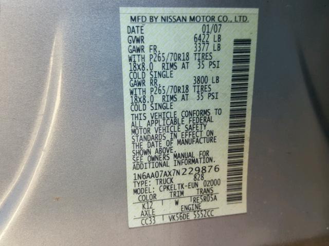 1N6AA07AX7N229876 - 2007 NISSAN TITAN XE SILVER photo 10