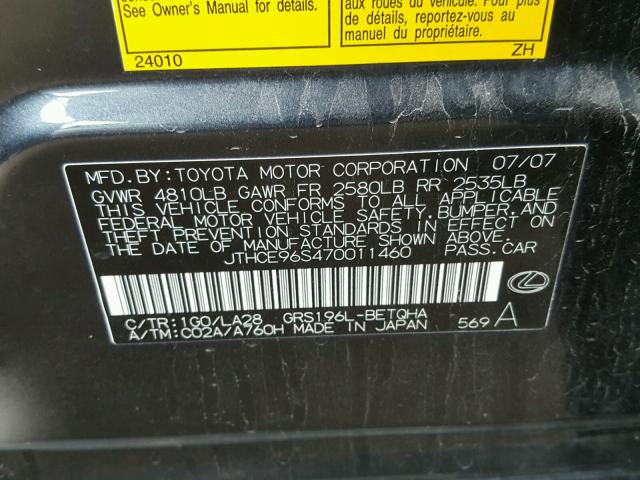 JTHCE96S470011460 - 2007 LEXUS GS 350 CHARCOAL photo 10