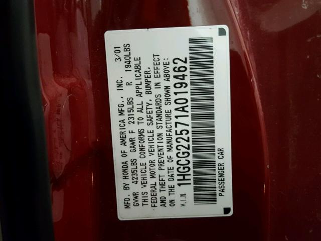 1HGCG22571A019462 - 2001 HONDA ACCORD EX RED photo 10