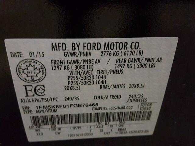 1FM5K8F81FGB76465 - 2015 FORD EXPLORER L BLACK photo 10