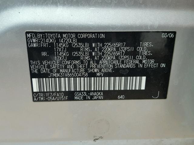 JTMBK31V865004758 - 2006 TOYOTA RAV4 LIMIT SILVER photo 10