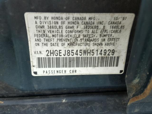2HGEJ8545WH514929 - 1998 HONDA CIVIC EX მწვანე ფოტო 10