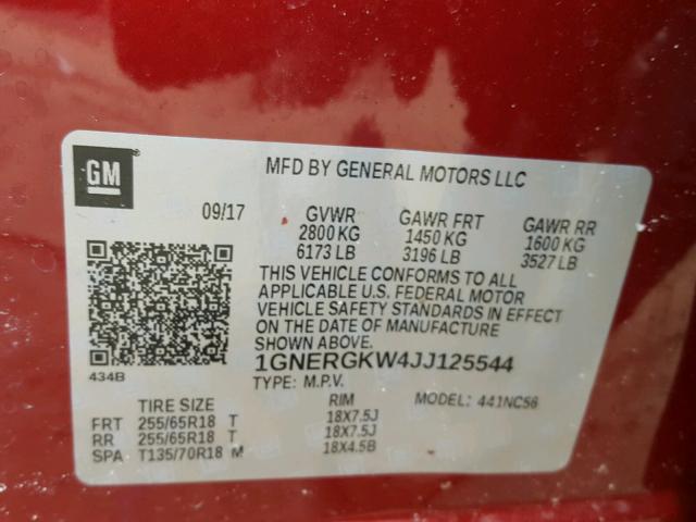 1GNERGKW4JJ125544 - 2018 CHEVROLET TRAVERSE L RED photo 10