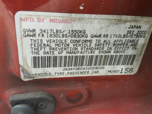 JA3AY26C41U029049 - 2001 MITSUBISHI MIRAGE ES RED photo 10