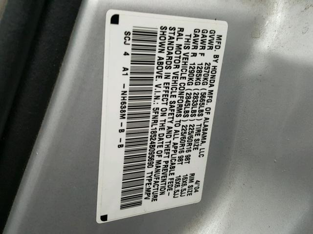 5FNRL18524B095690 - 2004 HONDA ODYSSEY LX SILVER photo 10