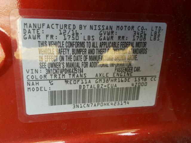 3N1CN7AP0HK425194 - 2017 NISSAN VERSA S RED photo 10