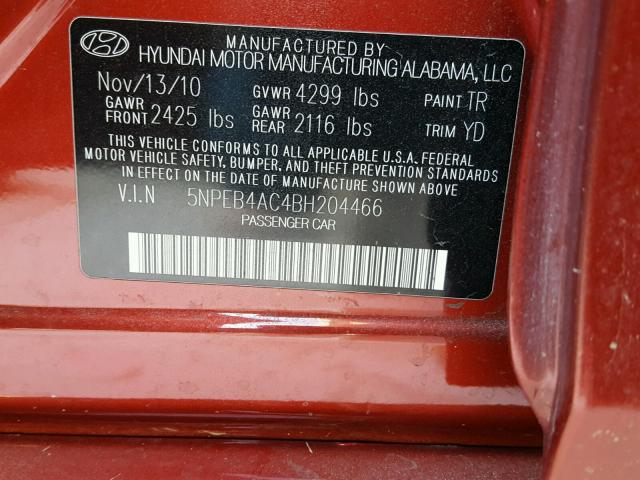 5NPEB4AC4BH204466 - 2011 HYUNDAI SONATA GLS RED photo 10