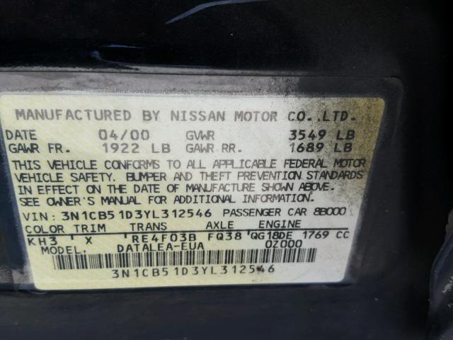 3N1CB51D3YL312546 - 2000 NISSAN SENTRA BAS BLACK photo 10