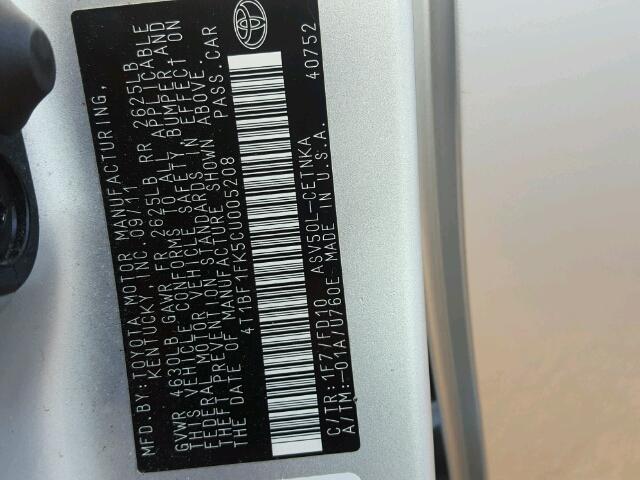 4T1BF1FK5CU005208 - 2012 TOYOTA CAMRY BASE SILVER photo 10