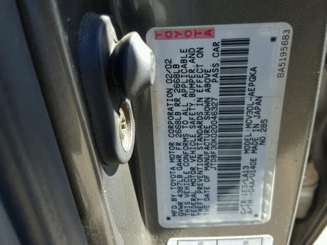 JTDBF30K020046327 - 2002 TOYOTA CAMRY LE GRAY photo 10